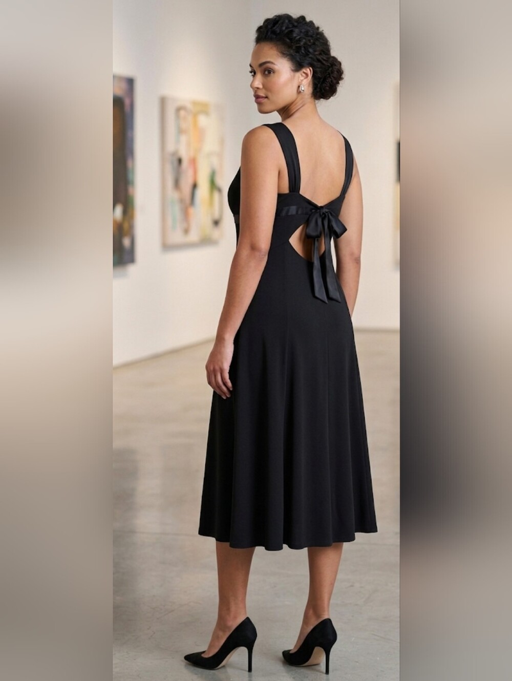 David Meister Black Silk Trim Keyhole Back Midi Dress Size 12